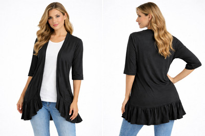E164 Halara Damen Cardigan Schwarz Wasserfall Rüschen Longshirt 3/4 Arm (M)