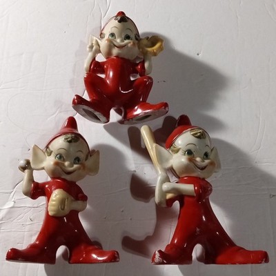 Set of 3 Elf Baseball Players Pitcher Batter Catcher Red Pixie Ceramic Figurines