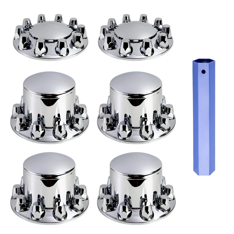 Chrome Hub Cover Semi Truck Wheel Kit Axle Cover 33mm Lug Front & Rear Complete - Image 2 of 4