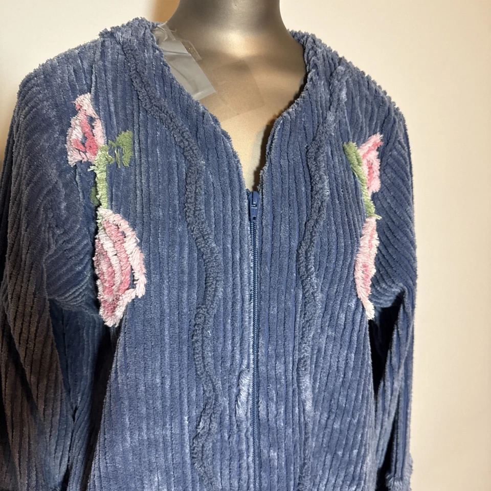 Bata de chenilla Vermont Country Store M azul medio floral 3/4 cremallera mezcla de algodón Foto 3 de 4