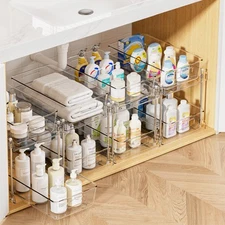 4 Pack 2-Tier Clear Under Sink Organizer, Pull-Out Storage for Kitchen & Bath