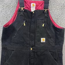 CARHARTT Black Duck Bib Overalls Double Knee Lined Red Quilted 38x30 R38 BLK