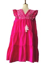 Crown & Ivy 100% Linen Dress (L) Fuchsia Babydoll Tiered Tassels Embroidered Top