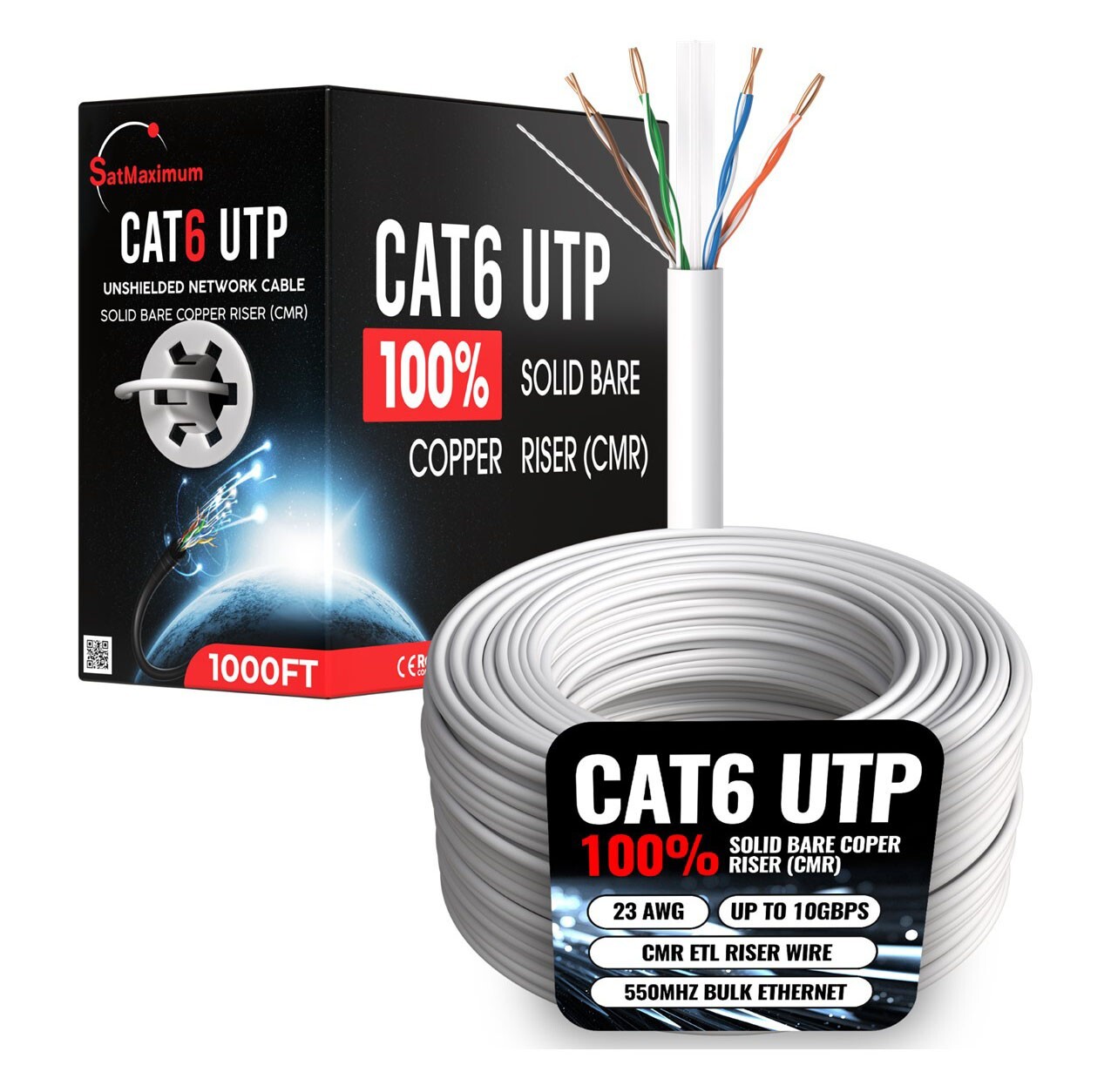 1000FT CAT6 ETL Ethernet Cable CMR  23AWG 550Mhz UTP Solid Copper Wire White