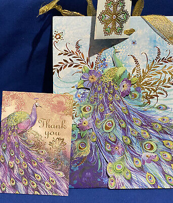 Punch Studio Peacock Die-Cut Gold Foil Gift Bag & One Note Card Set New! 
