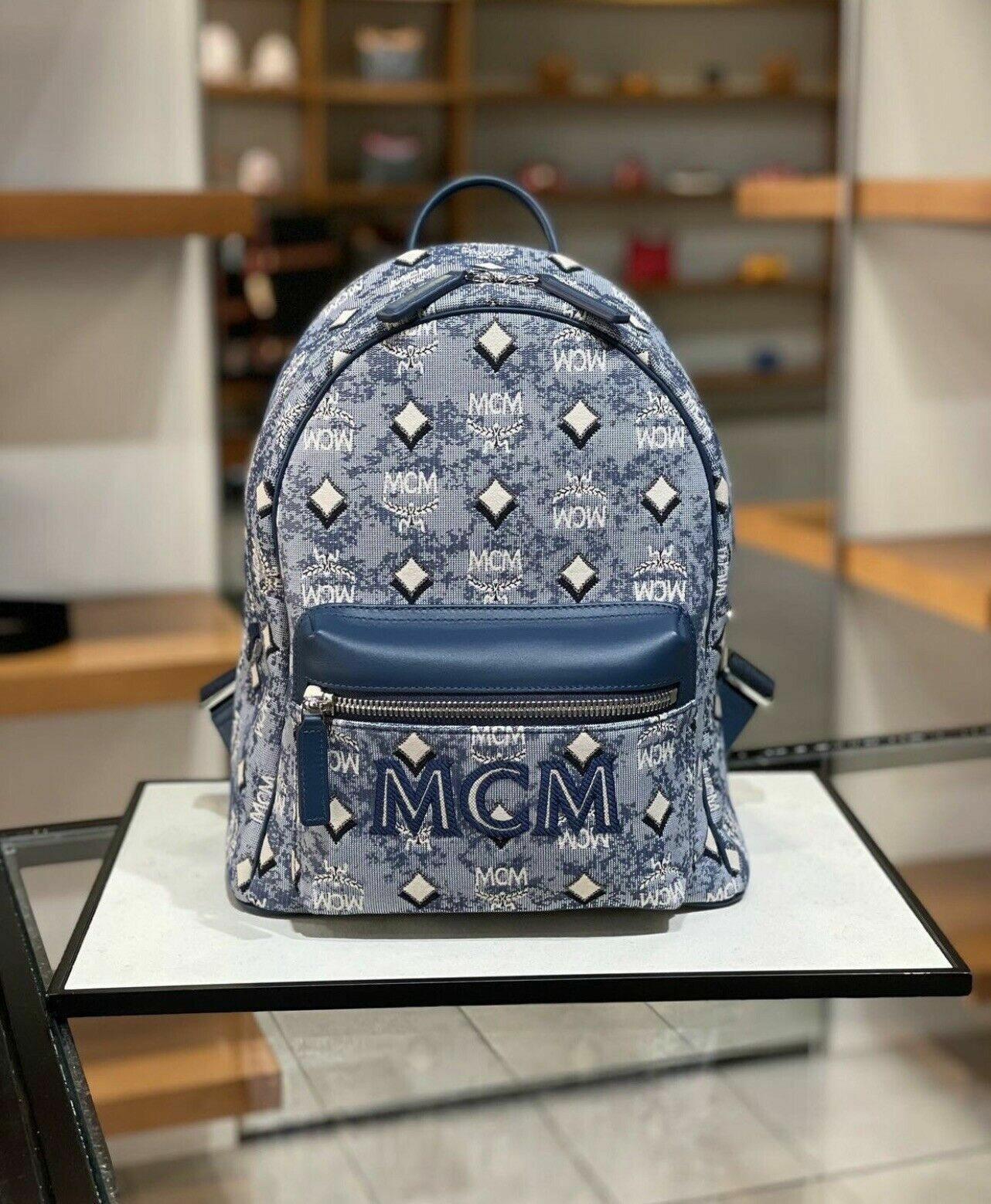 MCM Small Stark Vintage Jacquard Monogram Canvas & Leather Backpack  Women's Blue