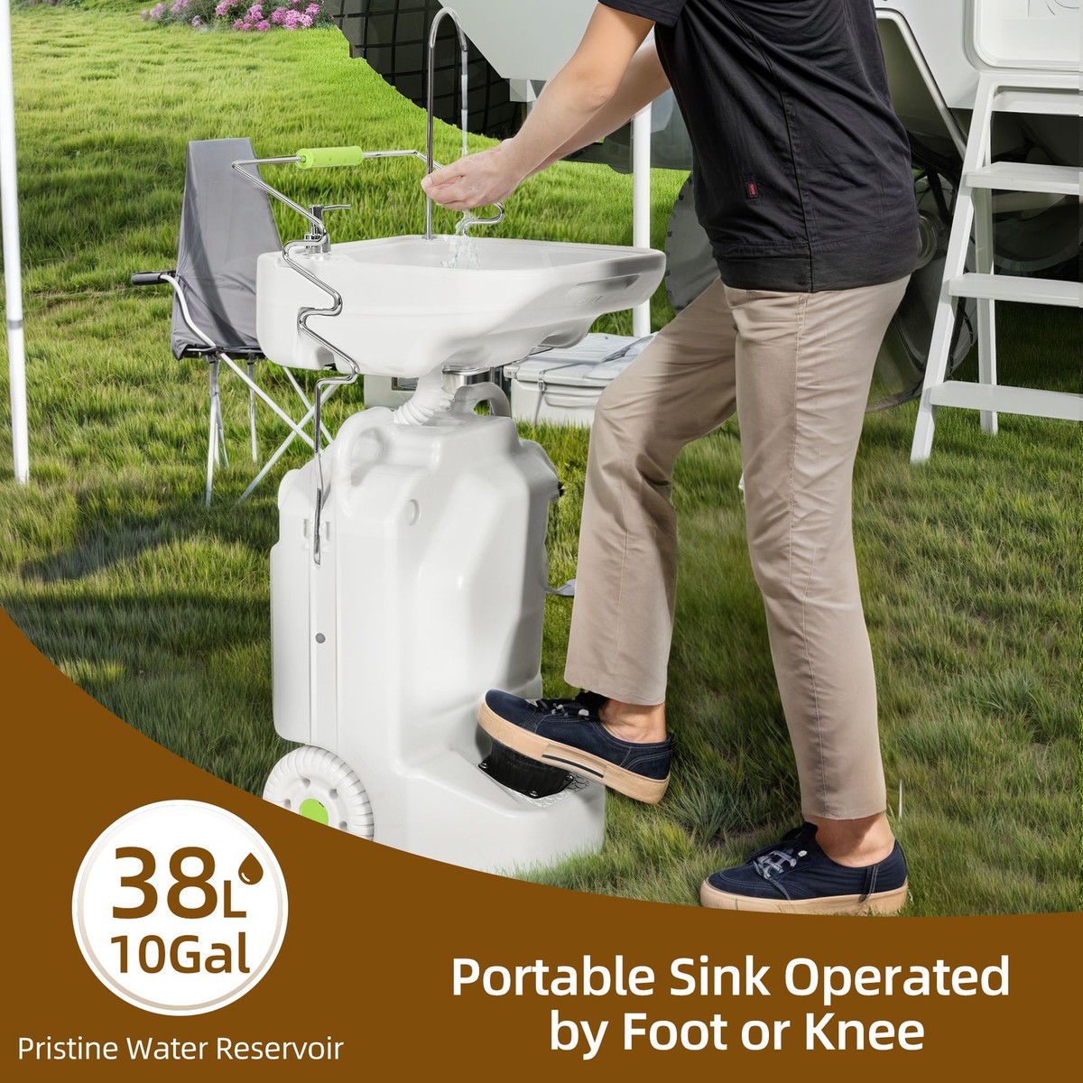 Portable Camping Hand Wash Station with 10-Gallon (38L) Tank Foot