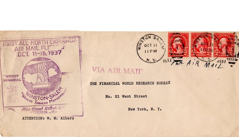 FIRST FLIGHT ALL NORTH CAROLINA AIR MAIL WINSTON SALEM  OCT 12,1937  MARTINDALE