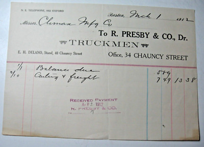 Mar.1, 1912 R. Presby  & Co., Boston Invoice Sent to Company in Castorland, N.Y.