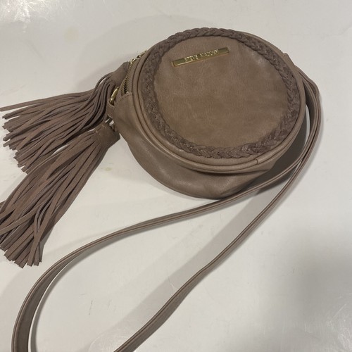 Steve Madden Round Crossbody Bag Brown Faux Leather W/fringe, Gold Tone