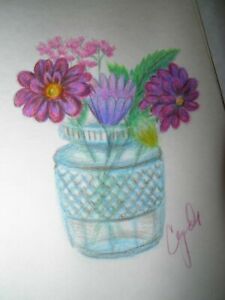 Colored Pencil Drawing Original Purple Flowers In Small Vase Ebay