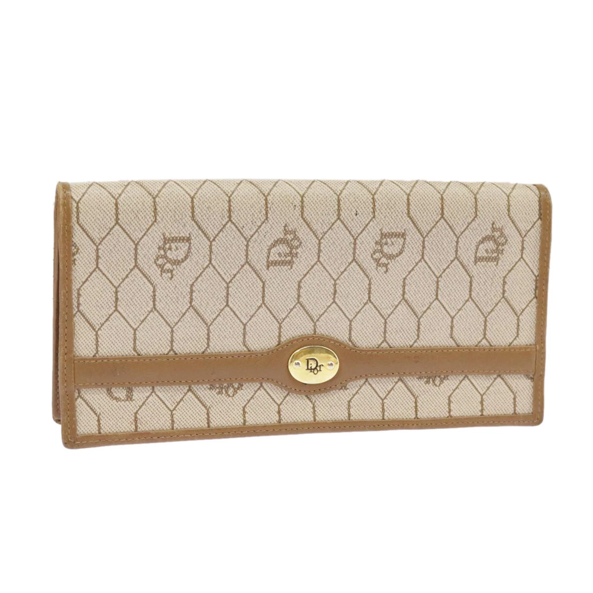 Christian Dior Portefeuille Toile Nid d'abeille PVC Cuir Beige Auth 101124