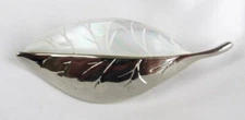 Vintage Silver Metal & White Iridescent Abalone Veined Split Leaf Pin Brooch