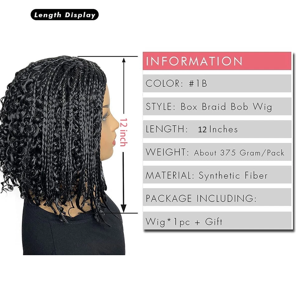 Peluca corta Bob Box trenzas 12" para mujer negra rizada diosa locs boho trenzas pelucas Foto 2 de 4