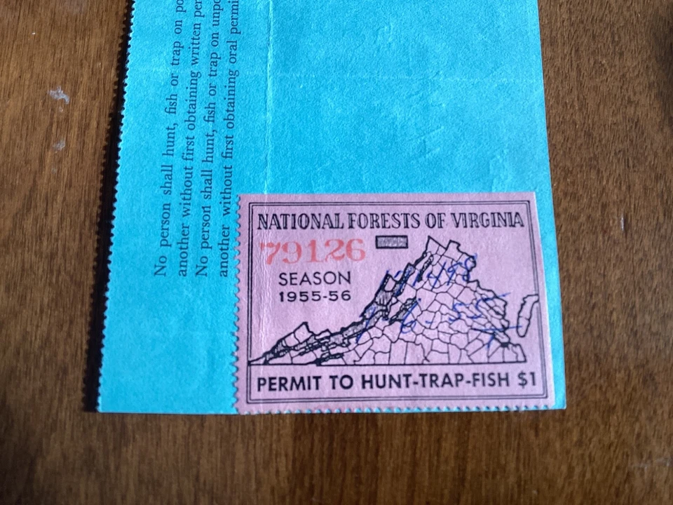 ICOLLECTZONE  US Virginia 1955-1956 Hunting Stamp on license - Image 2 of 3