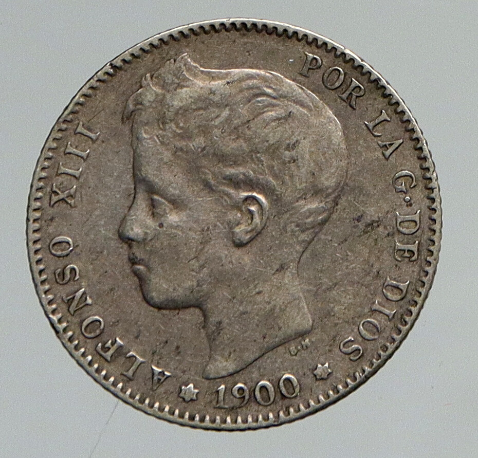 1900 SPAIN King ALFONSO XIII Antique Silver OLD 1 Peseta Spanish