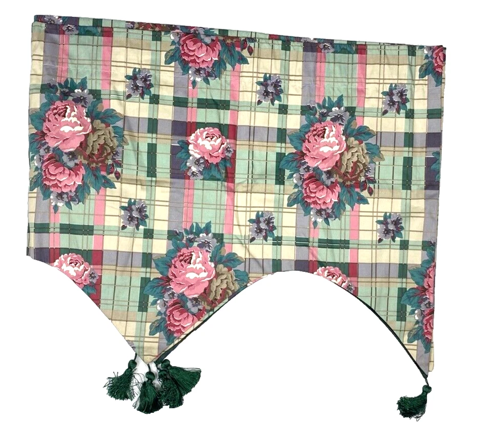 2 件定制帷幔宽短窗帘复古绿色粉红色格子玫瑰印花粉彩 — 第 2/4 张图片