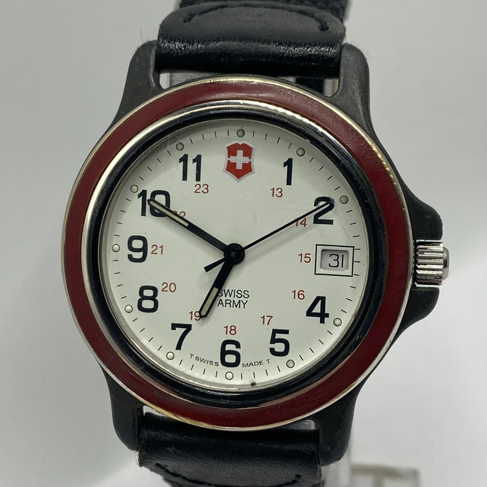 Vtg Swiss Army Watch Men 36mm Without Crown Black Red Enamel Bezel Buckman Labs - image 2 of 4