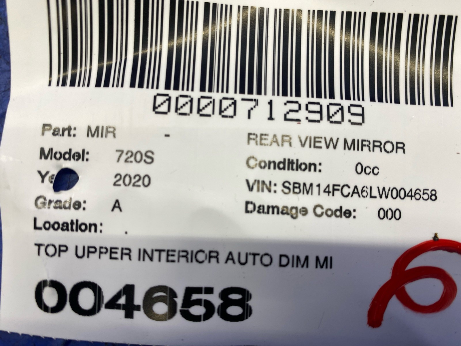 2018-2023 MCLAREN 720S TOP UPPER INTERIOR AUTO DIM MIRROR ASSEMBLY 13N0602CP