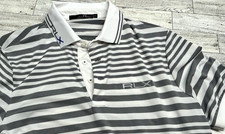 RLX Ralph Lauren Mens Medium White Gray Stripe Short Sleeve Polo Shirt Golf Logo