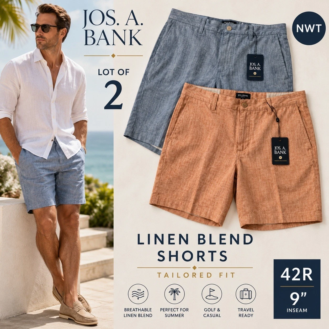 NWT Jos A Bank Lot 2 Linen Cotton Tailored Fit Shorts 42 Summer Golf Travel Wear