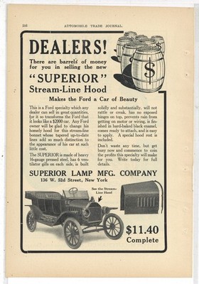 1915 Superior Lamp Mfg. of NYC Ad: Aftermarket Stream Line Hood for Ford Model T