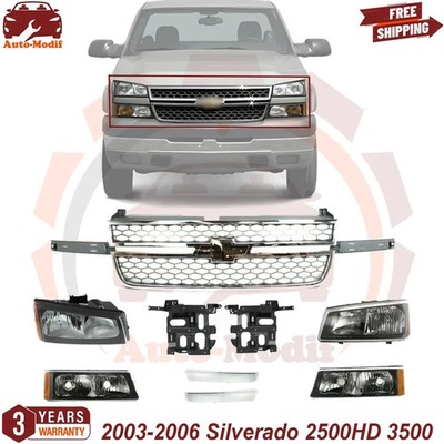 New HeadLights Kit + Grille Assembly + Bracket For 2003-06 Silverado 2500HD 3500