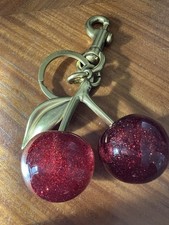 New Cherry Bag Charm Keychain Glitter Resin and Metal Brass Red