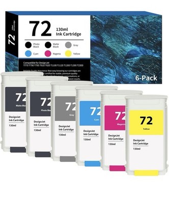72 Ink Cartridges 130ml 6-Pack (MK/PK/C/M/Y/G) C9403 Ink Replacement for HP 72 I