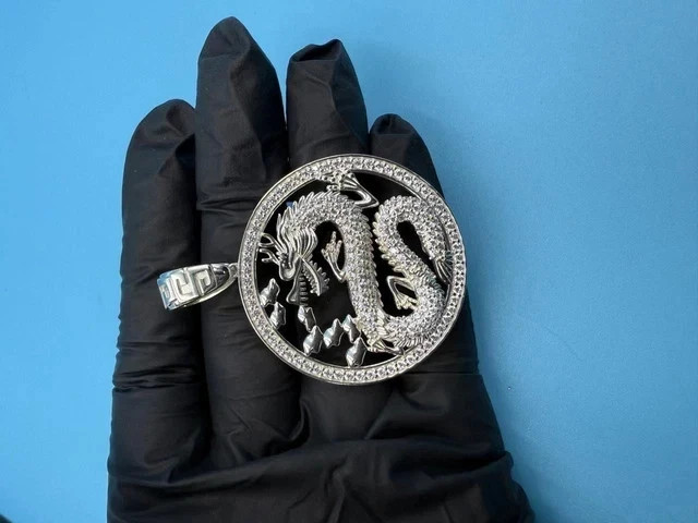 14K White Gold Plated 2Ct Round Cut Real Moissanite Dragon Medallion Pendant