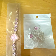 Silver Tone Metal Charm Bracelet Pink Heart C...