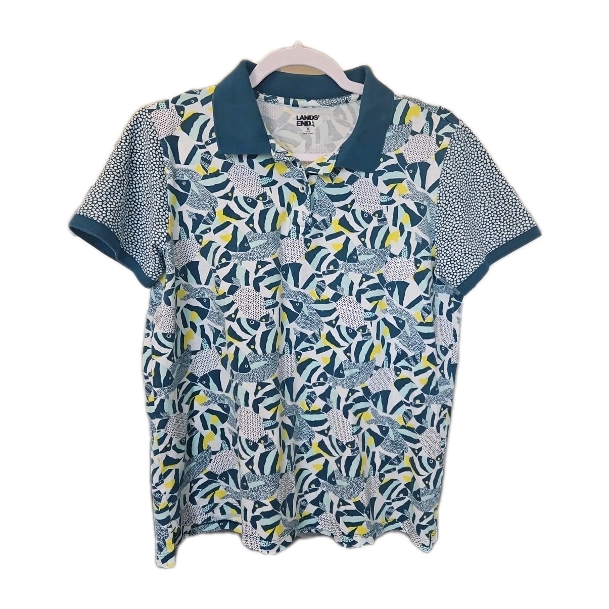 Lands End polo shirt women's M tropical fish print cotton blend beach coastal