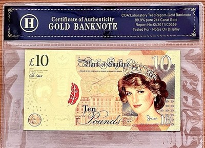 Diana Princess 10 Pounds Gold Foiled Plastic AA Banknote In Wallet UNC Rare PP2A