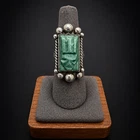 Vintage Mexican Sterling Silver Mayan Warrior Carved Green Stone Ring Sz 6