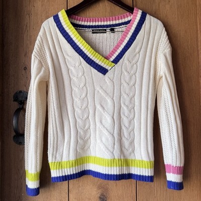 Brave Soul V-Ausschnitt Zopfmuster Pullover Pulli Streifenbesatz Gr. 8 elfenbein bequem
