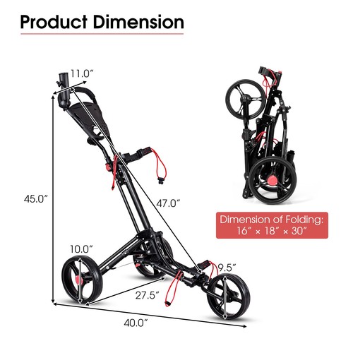 Foldable 3 Wheel Golf Pull Push Cart Trolley w/ Umbrella Scorecard Drink Holder - Picture 2 of 7