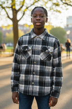 Eddie Bauer Jacket Boys 10/12 Black Gray Plaid Sherpa Lined Fleece Snap Front