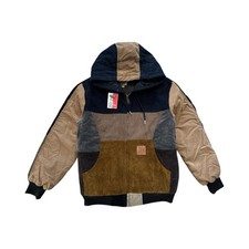 Corduroy Colorblock Patchwork Upcycled Hooded Jacket Insulated Unisex Size M