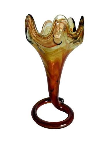 Vintage Murano Style Amber Hand Blown Art 10.5" Glass Vase with a Spiral Stem