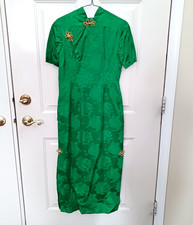 Vintage Cheongsam Dress Green Gold Silk Jacquard Asian Floral Print Small