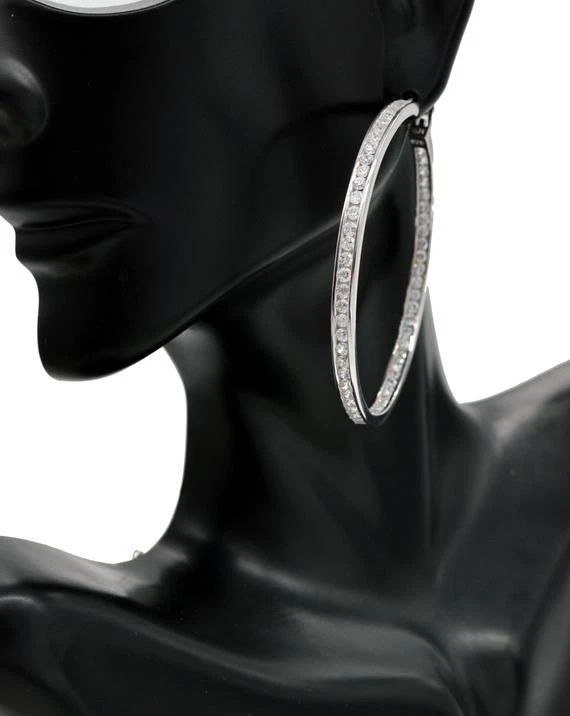 4.00 CT Round Moissanite Inside Outside Large Hoop Earrings Sterling Silver 50mm - Image 2 of 3