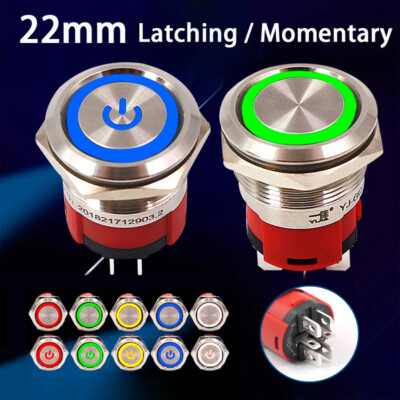 22mm LED Metal Power PushButton Round Switch Latching Momentary NO NC Waterproof