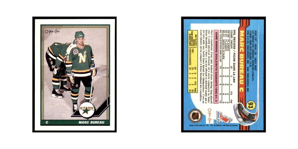 Marc Bureau 1991 O-Pee-Chee #93 Minnesota North Stars Hockey Card NM - Image 3 of 3