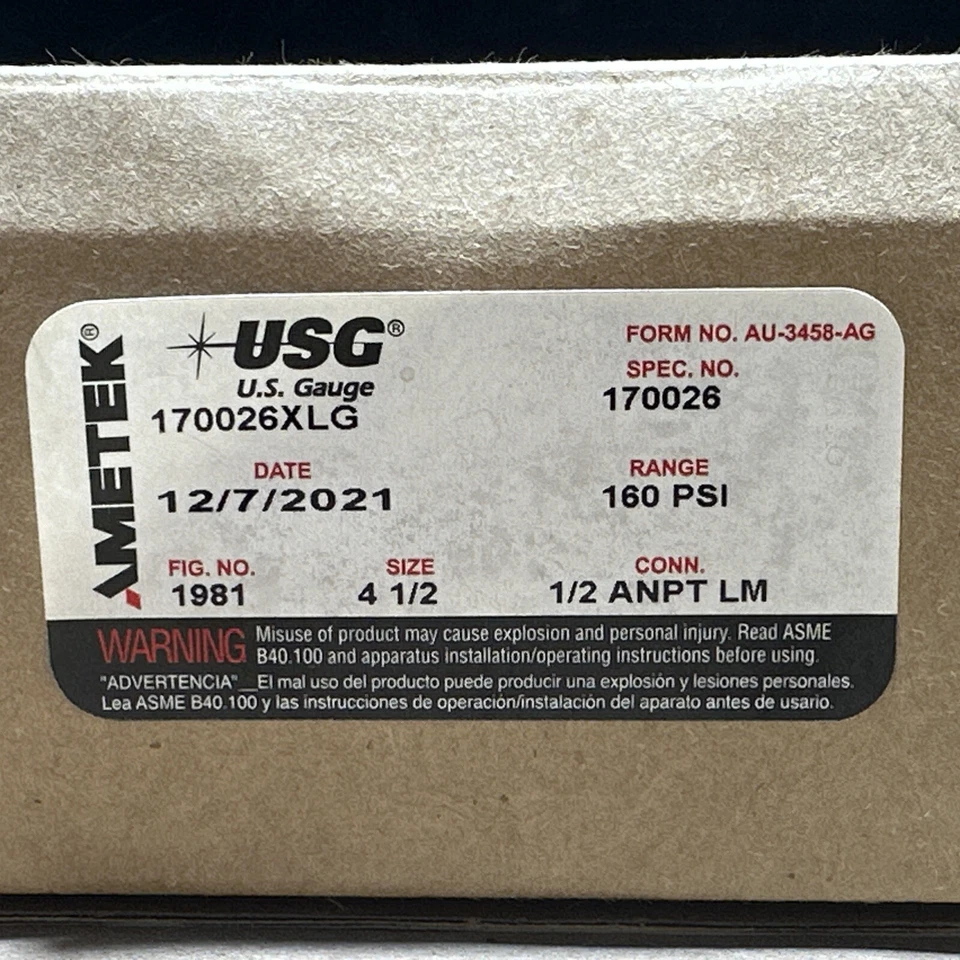 FACTORY NEW- OEM Ametek US Gauge Fig. 1981 170026XLG 4-1/2” Face, 1/2 ANPT LM - Image 2 of 4