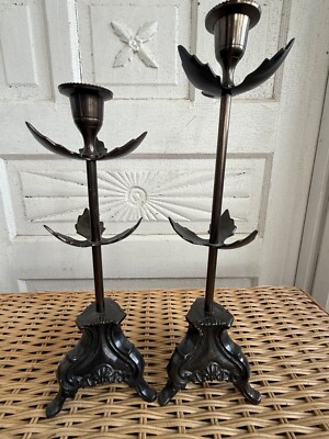 Vintage 30's Pair Bronze Footed Candle Stick Holders With Leaf Accents