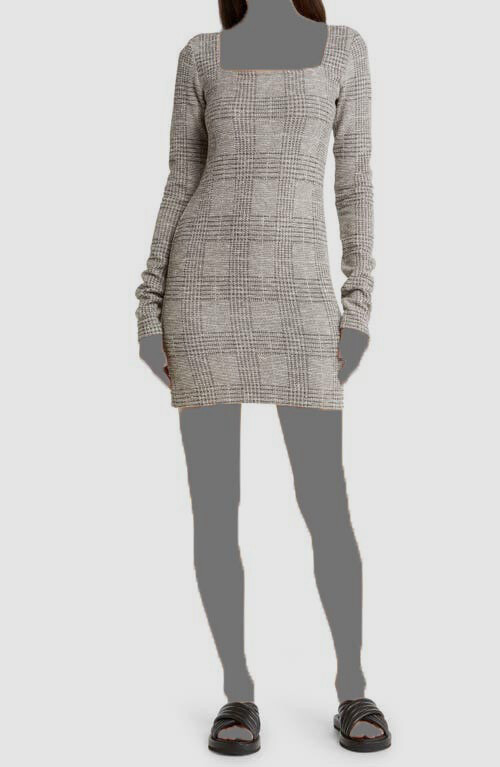 $575 Nanushka Women's Gray Plaid Long Sleeve Square Neck Bodycon Dress Size L