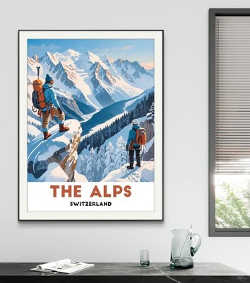 The Alps Poster - Adventurous Hikers in Majestic Alpine Landscape Switzerland Po