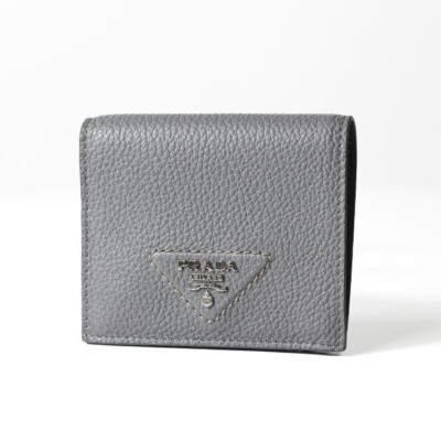 Prada Marmo Marble Grey Vitello Daino Leather Triangle Logo Bifold Wallet NEW
