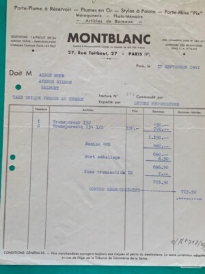 Montblanc Invoice 17 th September 1941 From 27 Rue Taitbout 27 Paris, France