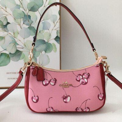 COACH CB290 2way Shoulder Bag Hand Bag Canvas Leather Cherry Print